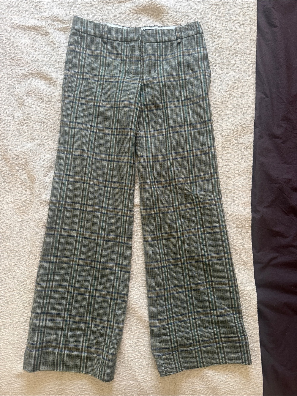Vintage Chloe Plaid Wool Wide Leg Trousers in Olive Green